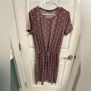 Size XL - mauve polka dot jersey dress with tie and pockets